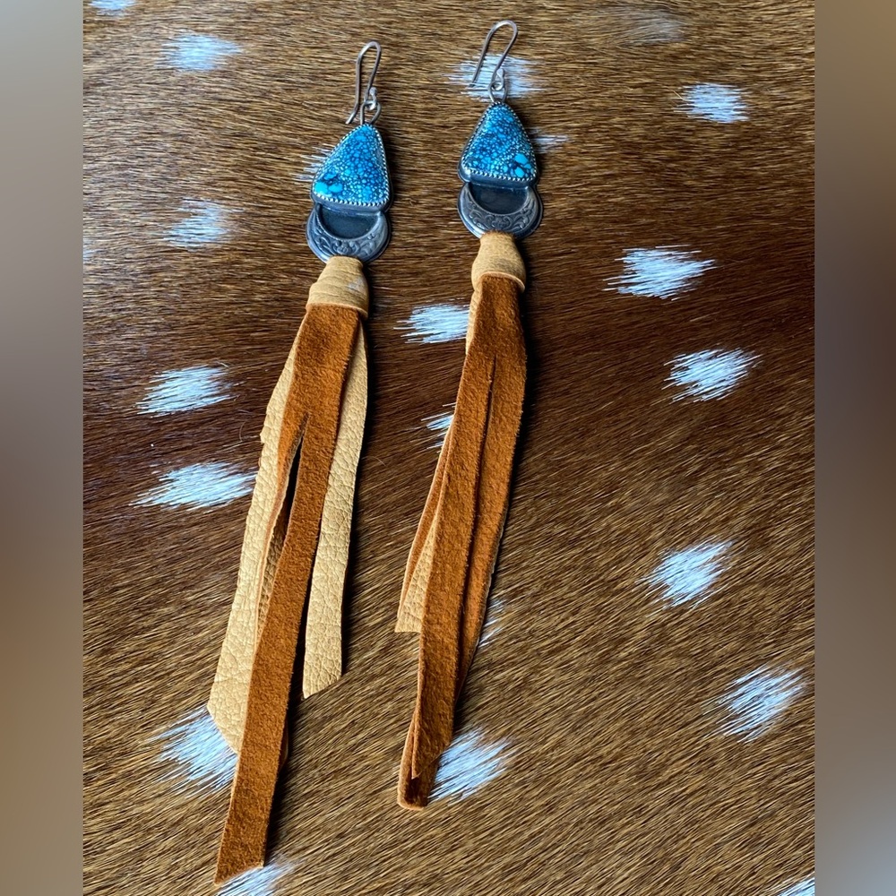 🛑SOLD🛑 Sterling & Turquoise Leather Tassel Earrings